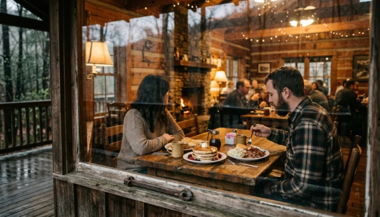Couple at a log-cabin table with pancakes and barbecue, a meal after the best day trips from Gatlinburg