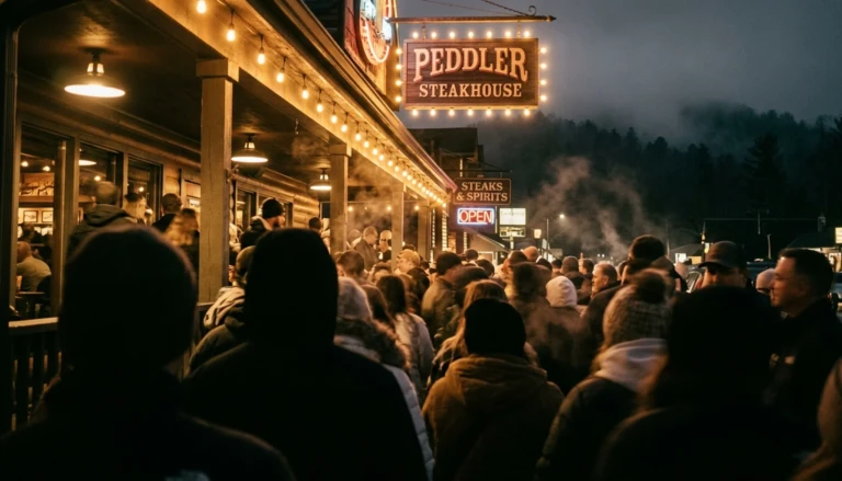 Crowd gathers outside one of the best restaurants in Gatlinburg on a busy mountain evening