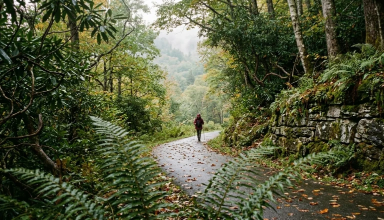 Paved forest trail in the Smokies, a quiet start to a weekend getaway Gatlinburg itinerary