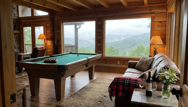 Cabin game room with pool table and sofa, a comfortable downtime spot for a bachelorette party Gatlinburg group