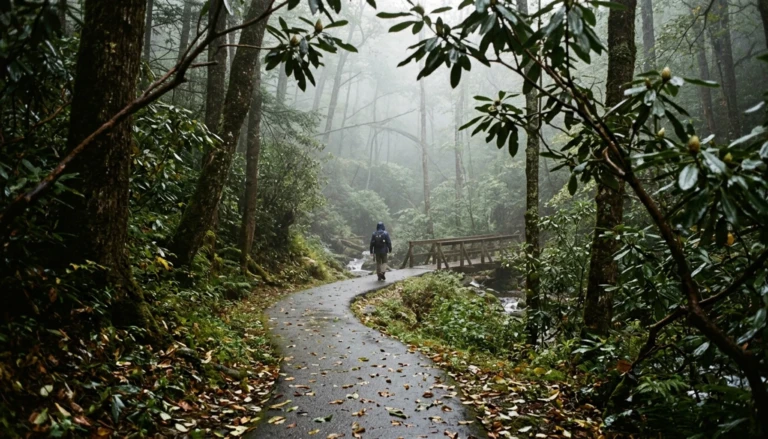 Hiker on a misty forested trail, one of the best hikes near Gatlinburg in the Great Smoky Mountains