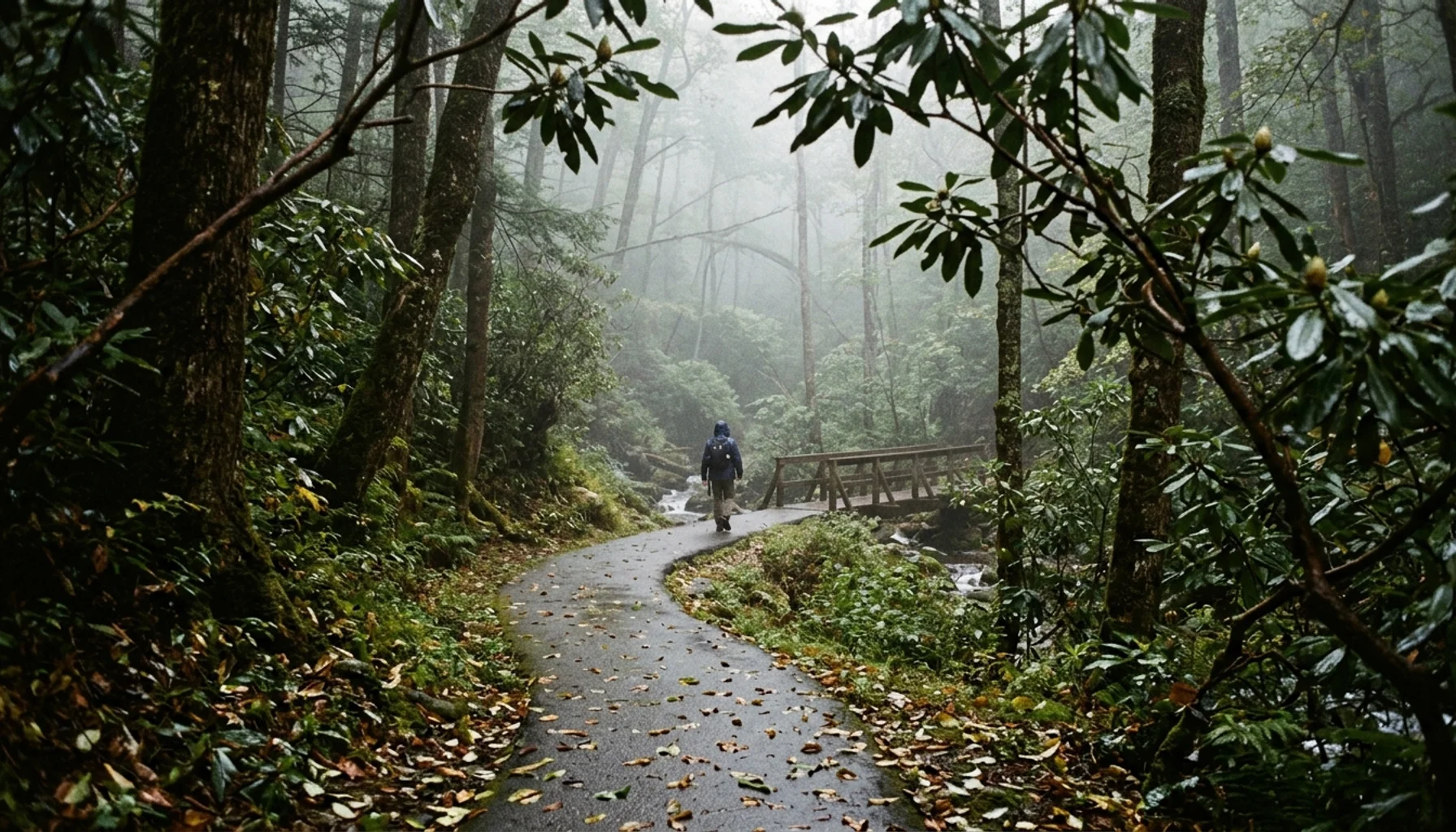 Hiker on a misty forested trail, one of the best hikes near Gatlinburg in the Great Smoky Mountains