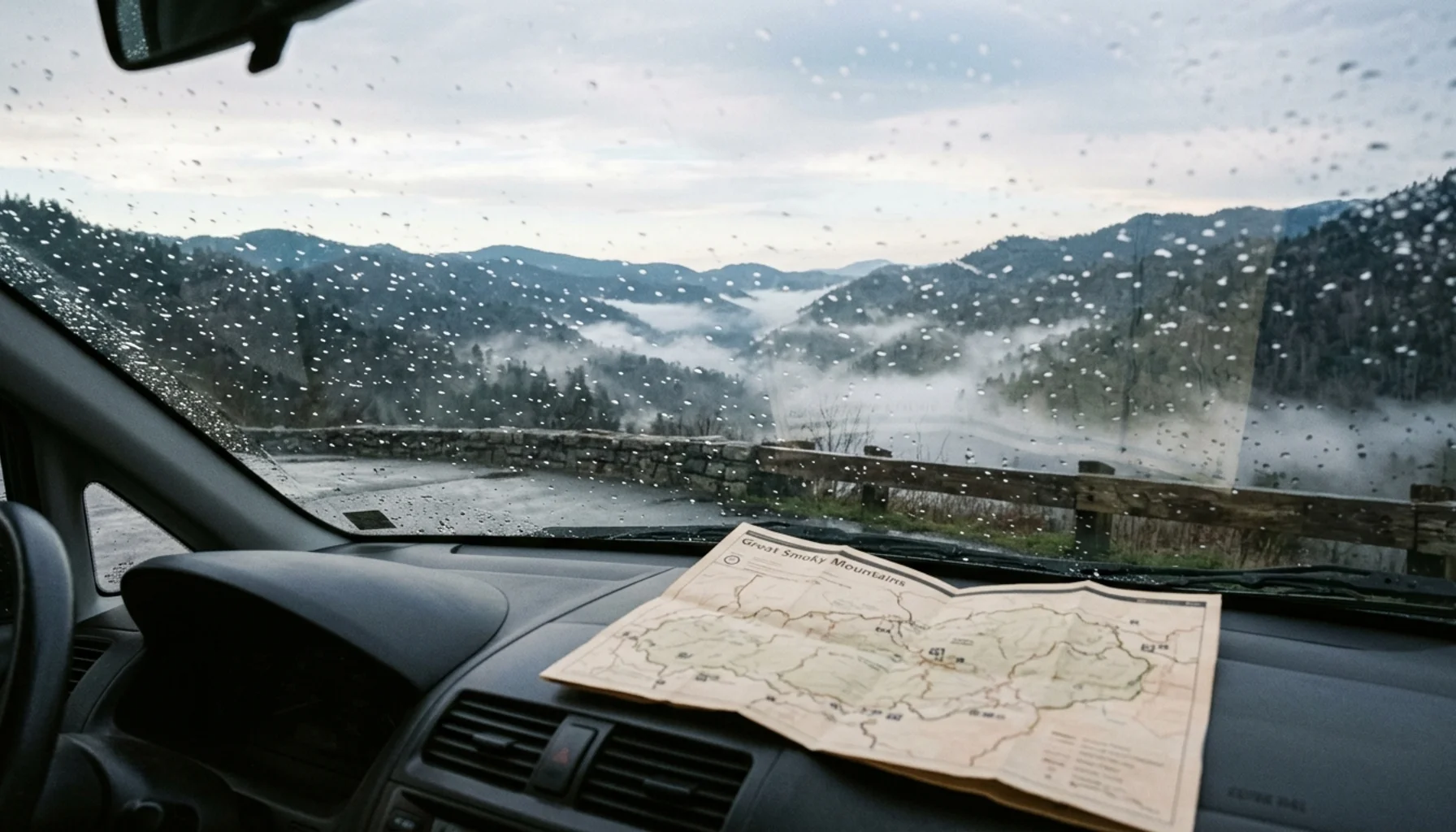 Foggy Smoky Mountains ridges seen through a car windshield, a scene for first time visiting Gatlinburg travelers