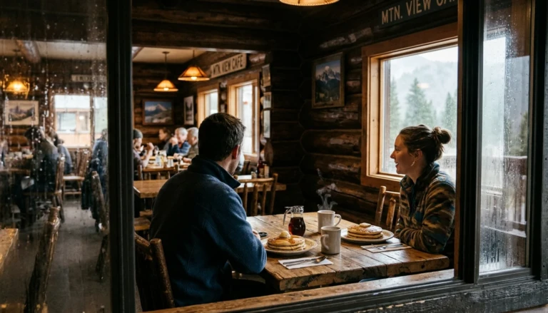 Breakfast pancakes and coffee at a log-walled table, one of the food places Gatlinburg visitors enjoy