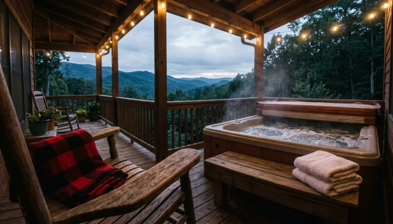 Cabin hot tub with steam and forested Smoky Mountain view, a quiet retreat for a gatlinburg for couples trip