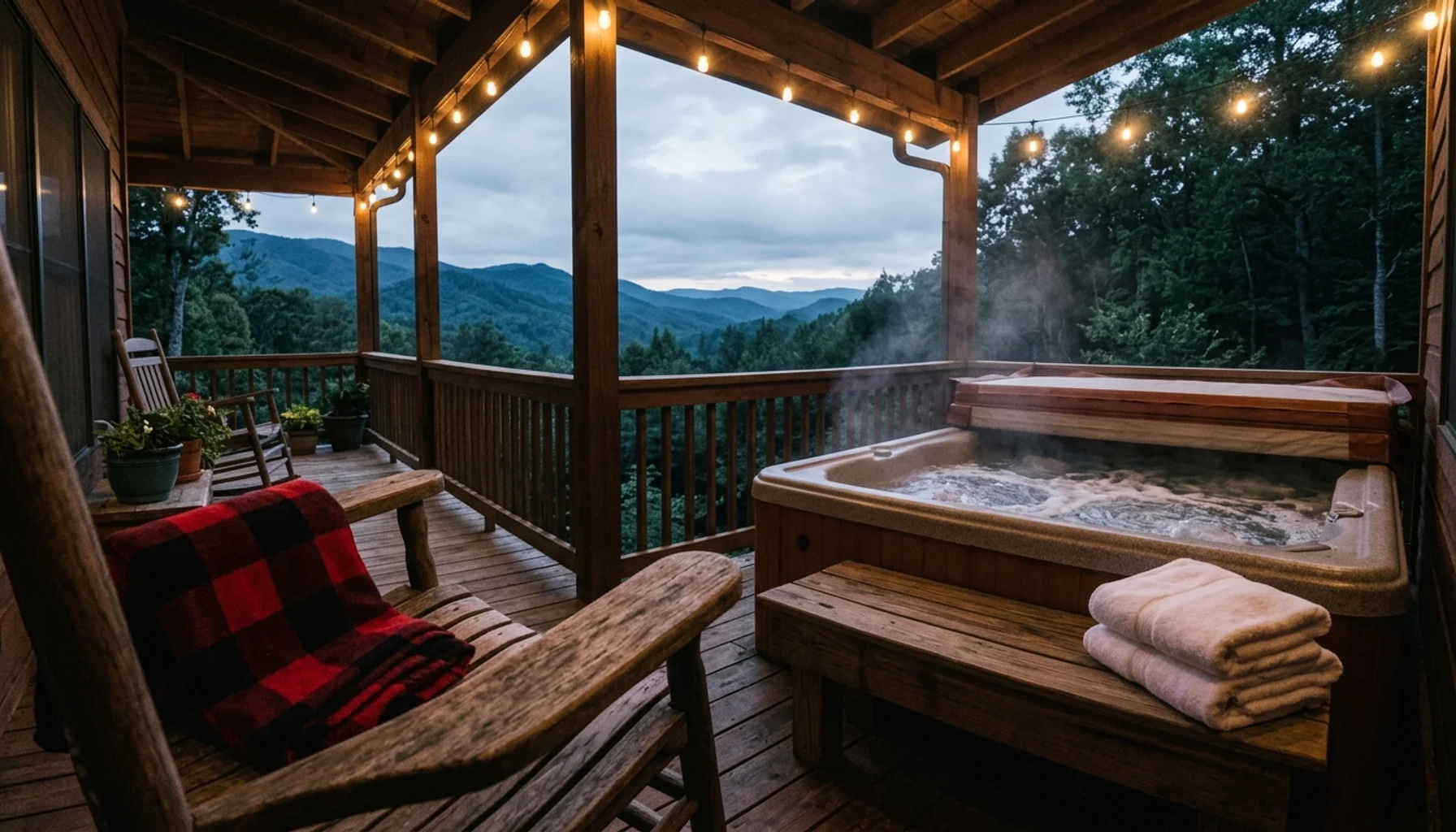 Cabin hot tub with steam and forested Smoky Mountain view, a quiet retreat for a gatlinburg for couples trip