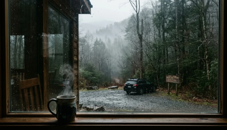 Misty Smoky Mountains trailhead seen from a cabin window, a morning start for a Gatlinburg itinerary