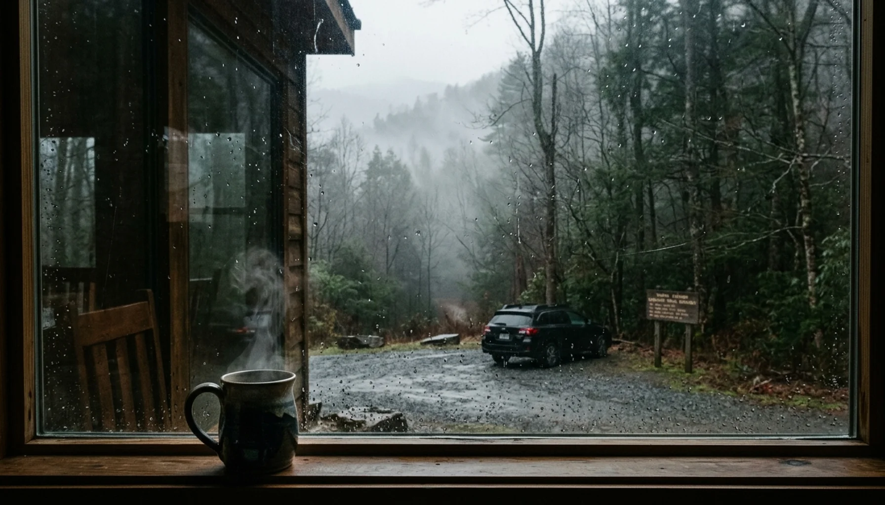Misty Smoky Mountains trailhead seen from a cabin window, a morning start for a Gatlinburg itinerary