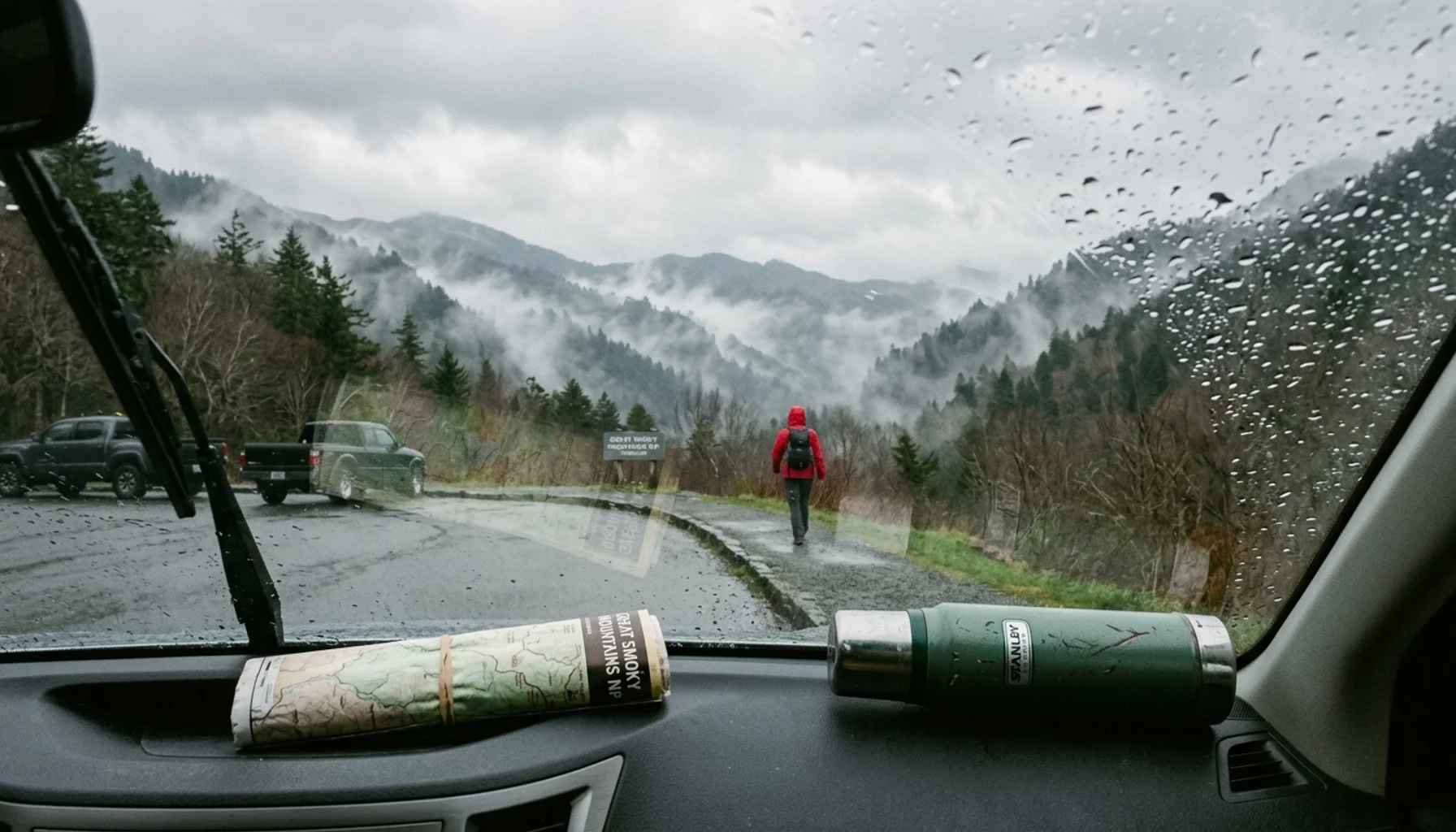 Misty Smoky Mountains ridgelines seen through a car windshield, a Gatlinburg travel guide for skeptical travelers