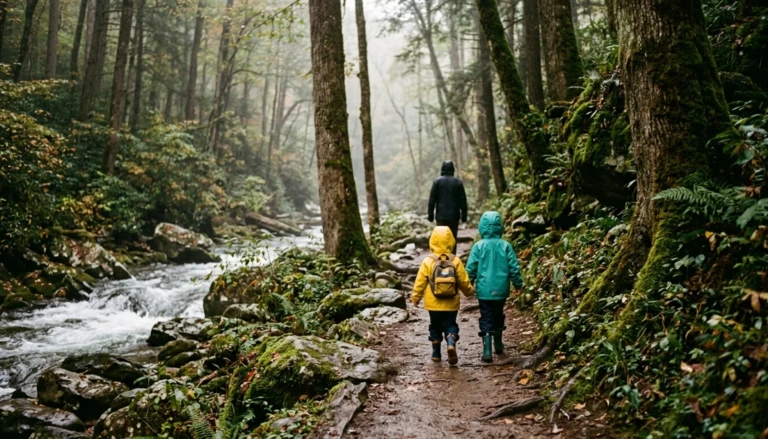Two kids in rain jackets walking the Gatlinburg Trail beside a creek, a easy outing for Gatlinburg with kids