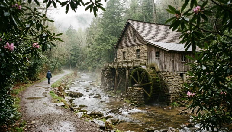 Historic stone grist mill beside a misty creek, one of the hidden gems Gatlinburg visitors often drive past