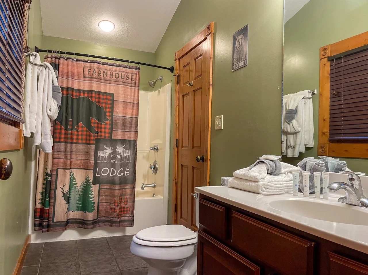 Rustic bathroom with green walls, wood cabinetry, and a Moose Trail Lodge shower curtain at a Gatlinburg, TN cabin by Bear