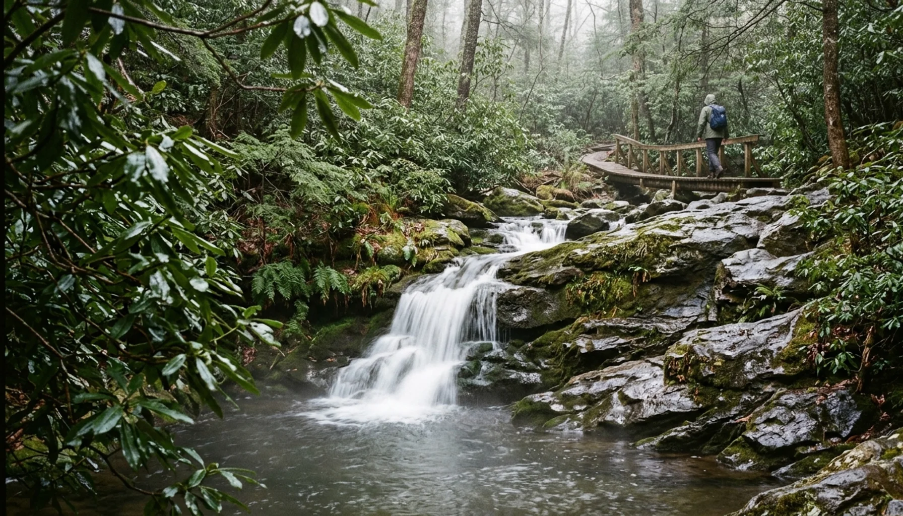 Hiker on a footbridge near one of the waterfalls near Gatlinburg in the misty Smoky Mountains forest