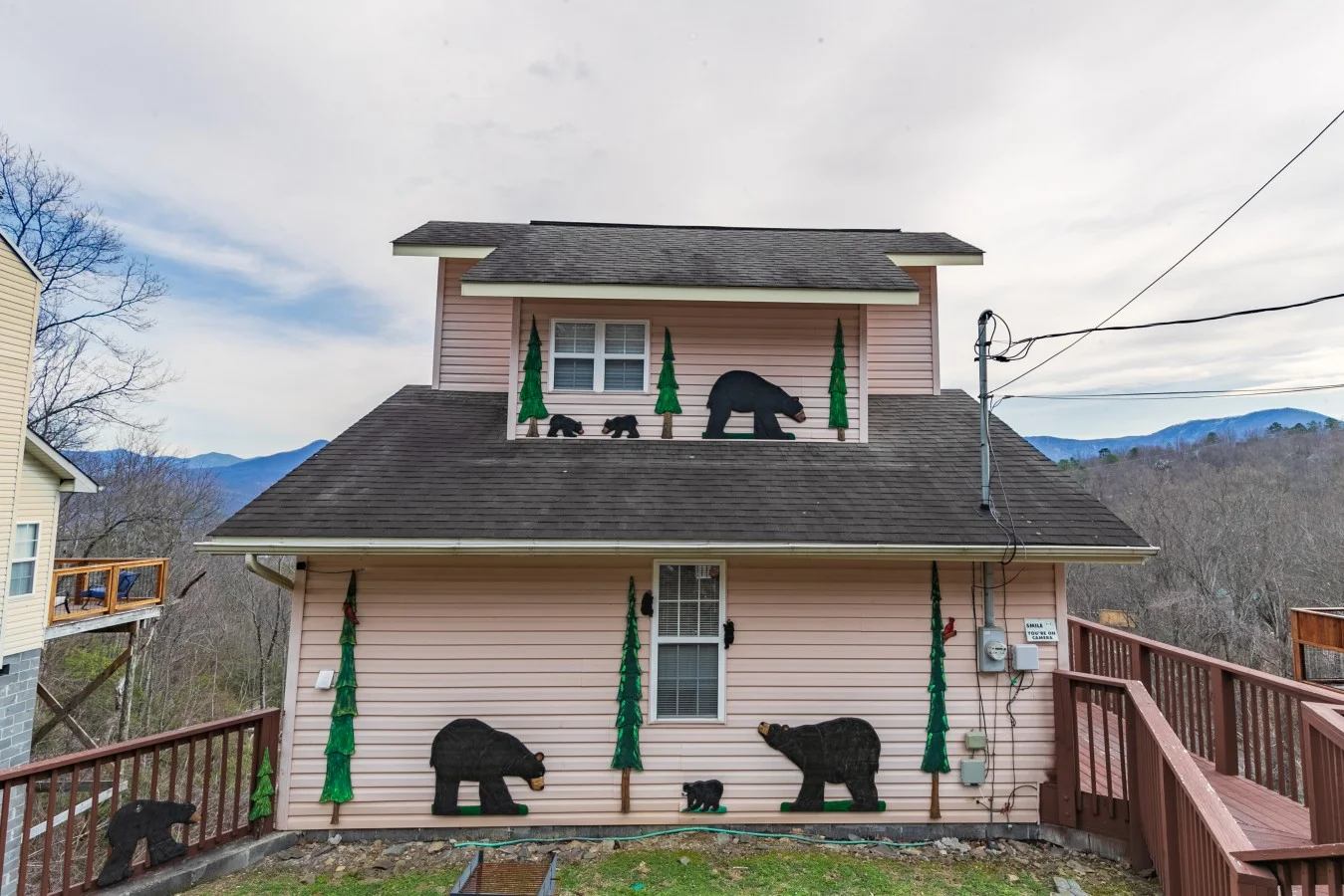 Bear-themed exterior of Heavenly View, a pet-friendly mountain cabin in Gatlinburg, TN